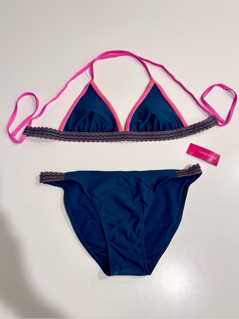 Teal Triangle Bikini Swimming Set with Pink Straps & Zigzag Elastic Trim M/L